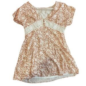 Altard State Dress Womens LARGE Short Sleeve Brown White Floral Eyelet Lace